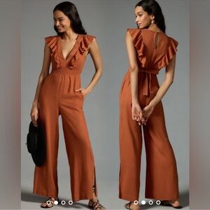 Anthropologie Brown Jumpsuit with Ruffled Sleeves and Wide Legs New Size: US L